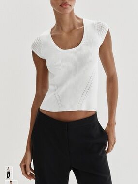 NWT Zara Round Neck Top with Short Knit Sleeves White size L